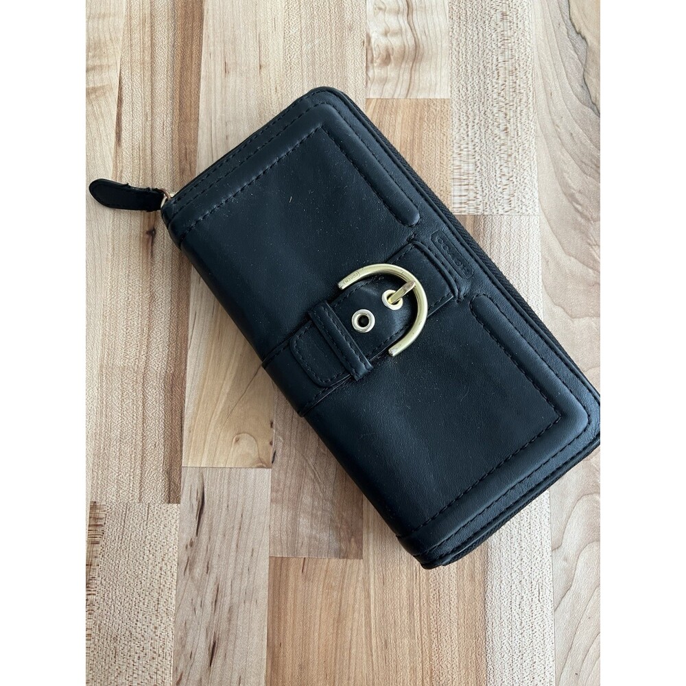 Coach Black Leather Buckle Accordion Checkbook Wallet Coin Zip Credit Card Slots
